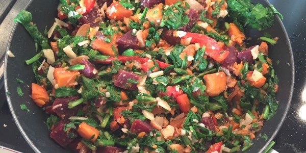 Stamppot rucola, rode biet en zoete aardappel